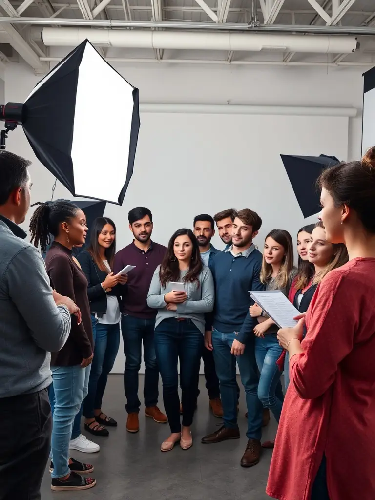 A vibrant photograph capturing a community workshop where participants are actively engaged in learning about stage lighting techniques, showcasing PLEIN CADRE's commitment to technical training.