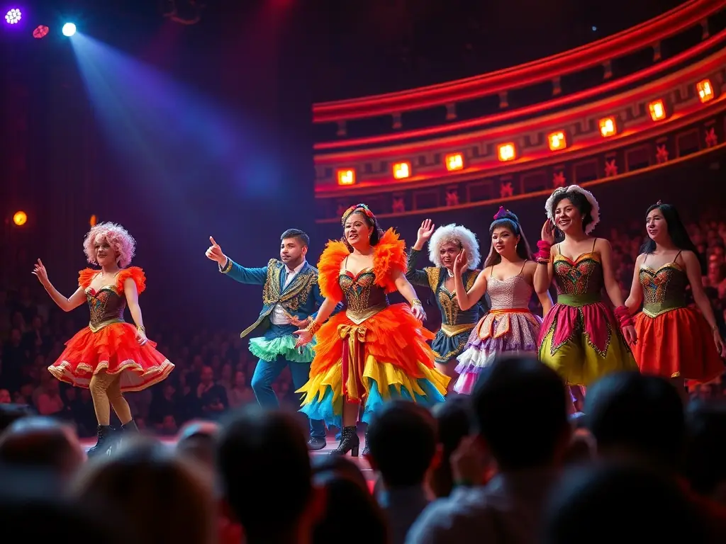 A vibrant stage scene with diverse performers, showcasing a live artistic event supported by PLEIN CADRE's technical expertise.