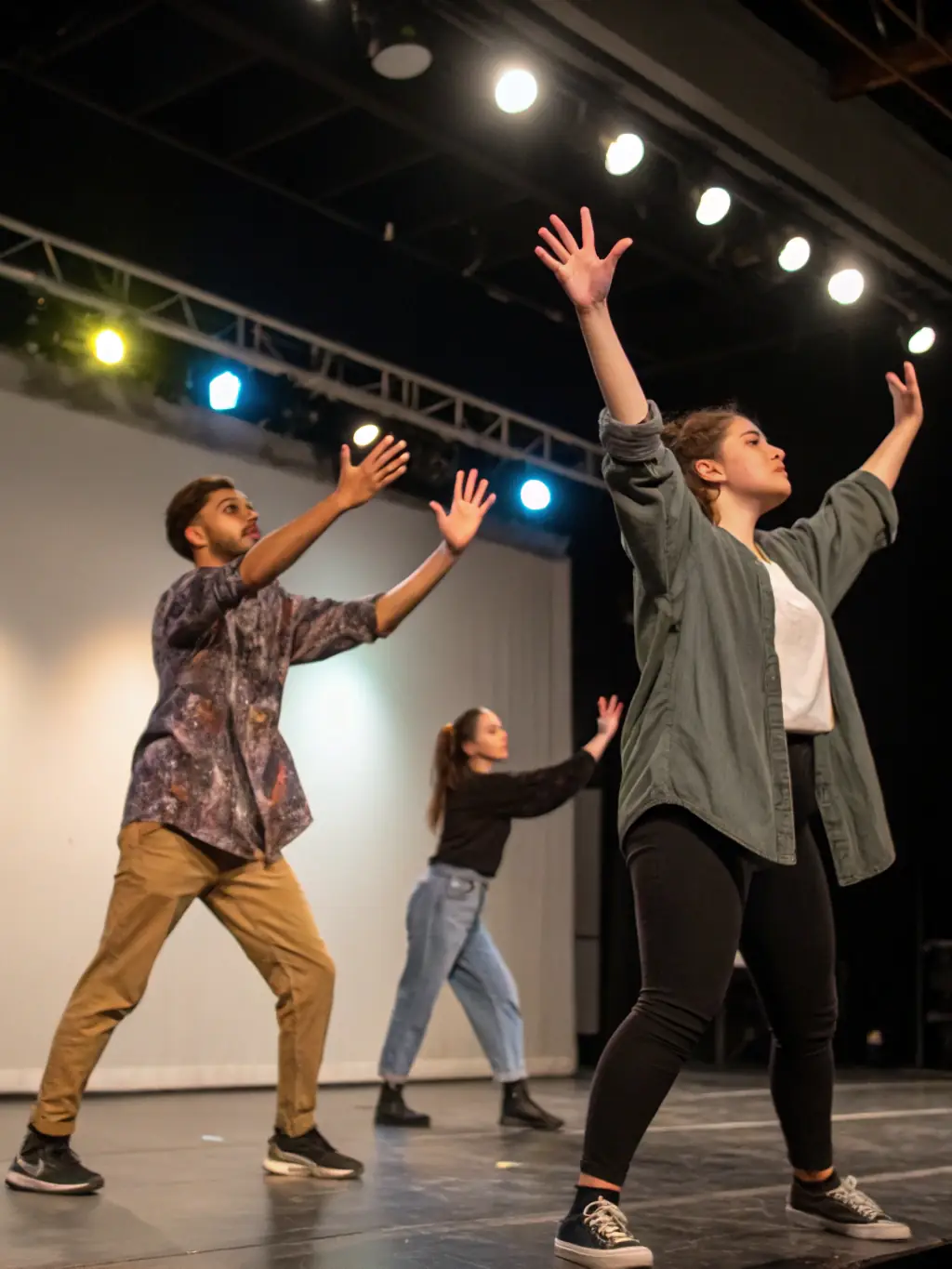 A vibrant photograph capturing a community theater group rehearsing a play, showcasing the energy and collaboration involved in bringing a performance to life, emphasizing PLEIN CADRE's support for local artistic endeavors.