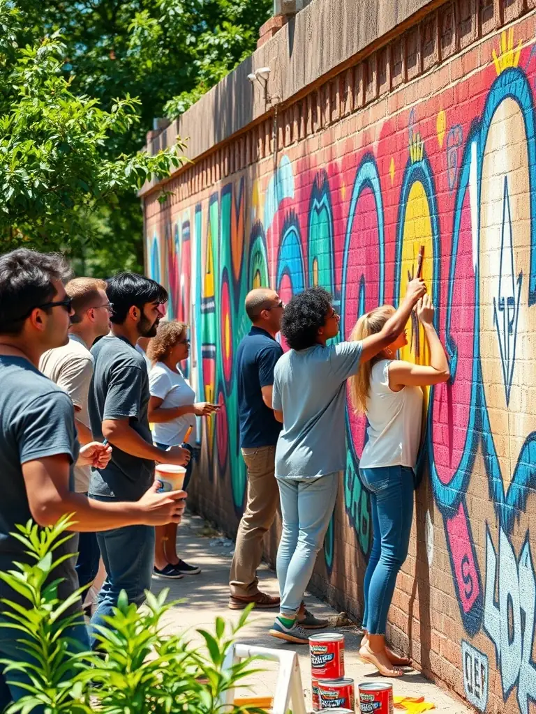 A photograph of a diverse group of artists collaborating on a community art project, illustrating PLEIN CADRE's role in fostering collaboration and expanding public access to creative experiences.