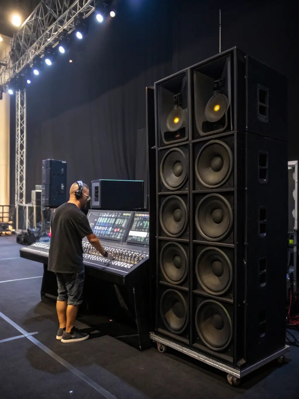 A dynamic image of a sound engineer working at a live music event, highlighting the technical expertise PLEIN CADRE offers to ensure seamless and impactful performances.